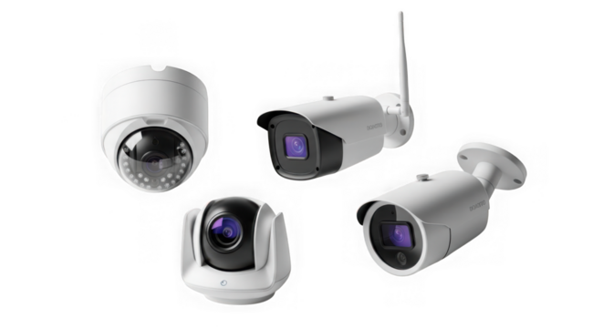 Collection of modern white security cameras on a black background