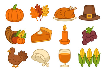 Thanksgiving icon set. Vector cartoon symbols for fall harvest celebration. Includes turkey, pumpkin, pie, pilgrim hat, cornucopia, leaves, corn. Isolated graphic elements.