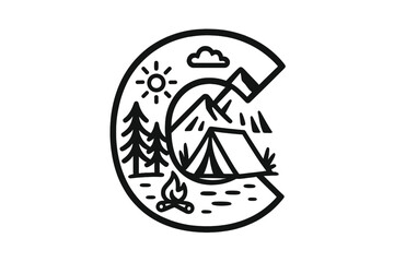 Letter C logo with camping theme. Line art of mountain, tent, and campfire. Outdoor adventure icon. Nature travel & exploration symbol. Wilderness camp emblem vector illustration.