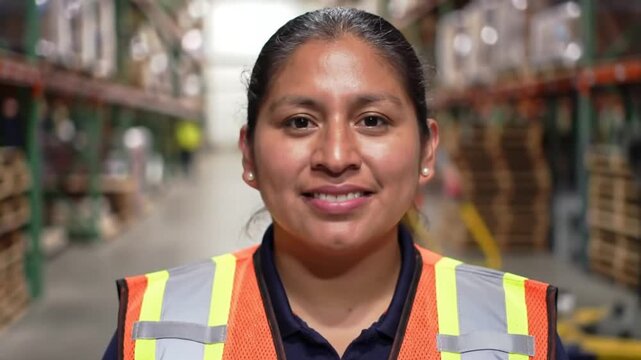 A smiling individual, wearing a safety vest and hard hat, poses for a portrait inside of a storage facility, with shelves visible in the background, creating a workplace environment. - Powered by Adobe