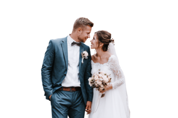 Happy Bride and Groom Looking at Each Other - Isolated on White Transparent Background