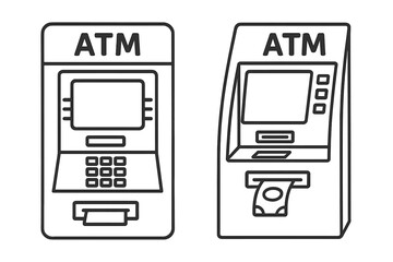 Two distinct styles of automated teller machines ATM line art illustrations, simple black and white vector cartoon designs with keypad and cash slot, banking technology concept set