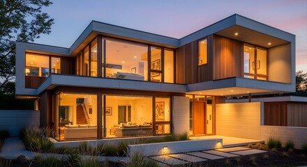 Obraz premium Modern House Exterior at Dusk