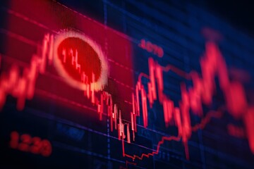 A red stock market graph with the Japanese flag in front of it, creating an iconic and powerful scene,