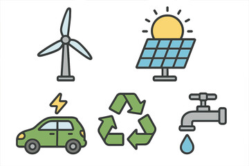Renewable energy icon set with wind turbine, solar panel, electric car. Green energy concept, recycling symbol, water conservation. Eco friendly flat vector illustration.