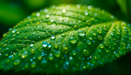 Jeweled Foliage: A macro shot captures a vibrant green leaf adorned with glistening water droplets, evoking a sense of freshness, serenity, and the delicate beauty of nature.
