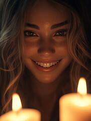 A joyful woman smiling by candlelight ambiance.