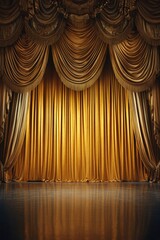 A luxurious golden curtain drapes elegantly, reflecting a warm glow, setting the stage for a theatrical performance or grand event.