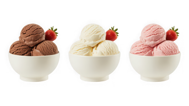 Set of tasty chocolate vanilla and strawberry flavor frozen dessert or ice cream in white bowl isolated on white and transparent background - Powered by Adobe