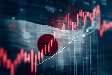 A red stock market graph with the Japanese flag in front of it, creating an iconic and powerful scene,