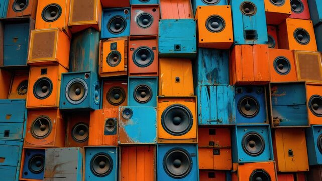 A group of loudspeakers stacked vertically, with cables and stands visible