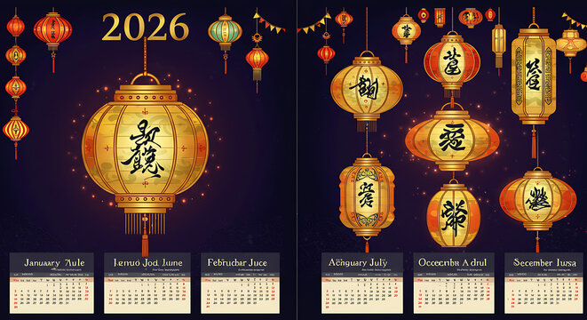 Golden chinese lanterns and 2026 calendar grid on dark background - Powered by Adobe