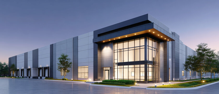 Elegant dusk view of a modern warehouse with illuminated entrance and expansive glass windows