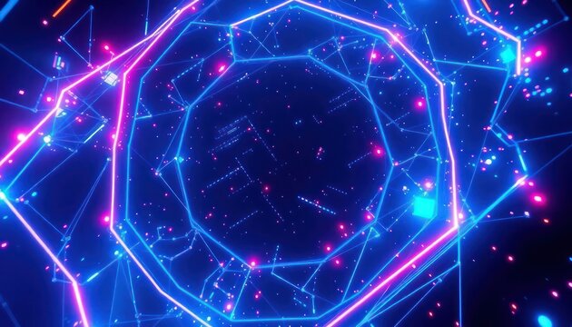 Abstract digital network with glowing neon lines and data points in a dark, futuristic cyberspace. Ideal for technology, AI, business, and internet concepts.