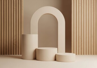 Beige product display podiums with arch and wooden slat background scene