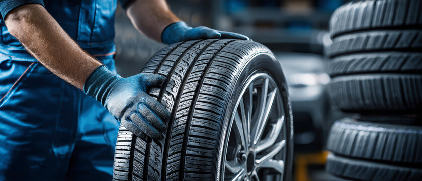 Mechanic expertly changing tires in a garage while showcasing tools and promotional material