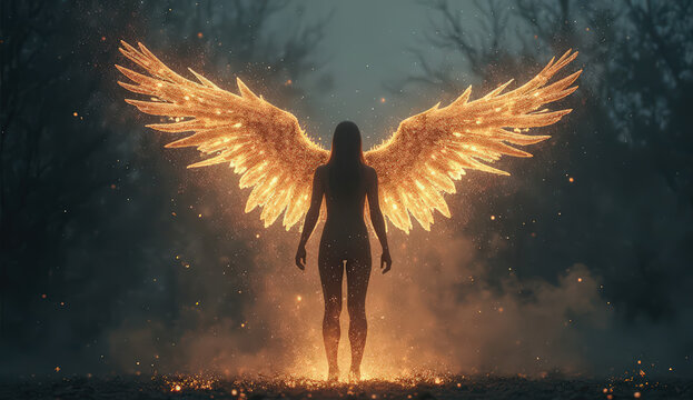 "Silhouette of a human figure with glowing particle wings, symbolizing freedom, empowerment, and inner strength. Abstract composition with dark background and luminous details for dramatic effect."