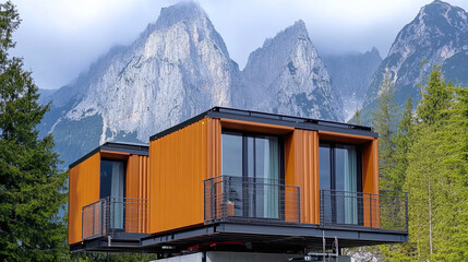 Modern Architecture, Cabin Design, Mountain Location, Photo, Natural Environment, Front View, Sustainable Living Concept