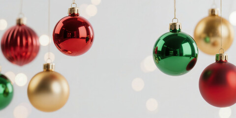 Festive red, green, and gold christmas ornaments with bokeh background, banner