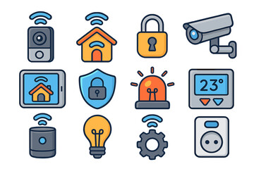 Smart home technology icon set. Internet of things (IoT) vector collection. Home automation system, security control concept. Wireless smart device symbols for app and web design.