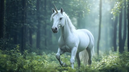 A majestic white unicorn gallops through a misty forest, surrounded by lush greenery and soft light filtering through the trees.