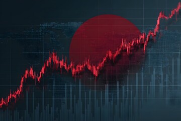 A red stock market graph with the Japanese flag in front of it, creating an iconic and powerful scene,