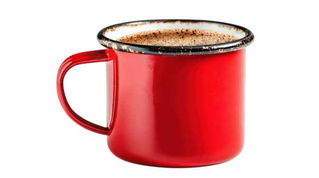 Red Enamel Mug Filled with Coffee isolated on a Transparent Background