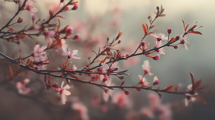 Delicate cherry blossom branches adorned with pink flowers in early spring morning light