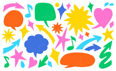 Crayon speech bubble and doodle element set in hand-drawn style. Colorful chalk arrows, notes and stars perfect for kids crafts, comic projects or sticker packs