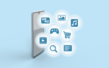 This is a 3D illustration of a smartphone with multiple icons representing various digital activities and media literacy, including messaging, gaming, shopping, video, music, and online search.
