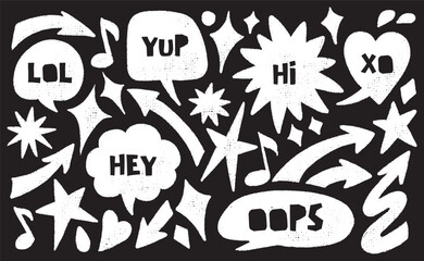 Crayon speech bubble and doodle element set in hand-drawn style. Colorful chalk arrows, notes and stars perfect for kids crafts, comic projects or sticker packs