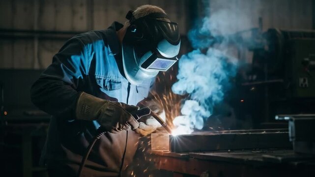 Industrial worker welding steel with safety gear and smoke 4K video