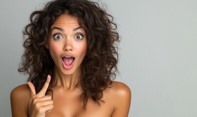 Beautiful young woman pointing to copy space with an expression of surprise or shock, isolated on a solid background, Generative AI