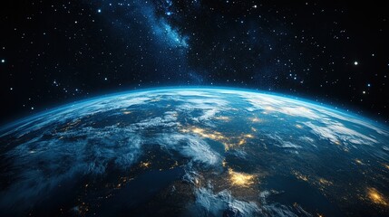 A stunning view of Earth from space, showcasing the planet's curvature, glowing cities, and a starry background.