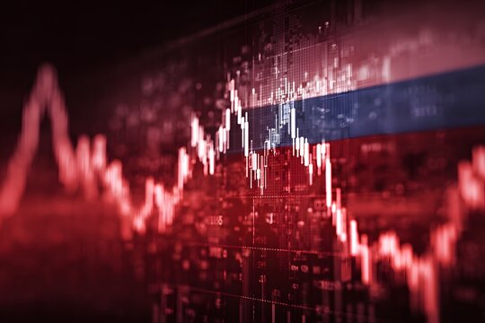 A red stock market graph with the Russian flag in front of it, representing global economic trends and tech investors' financial news.