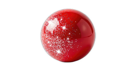 A shiny red sphere with sparkling glitter and bright reflections against black background