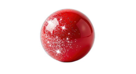 A shiny red sphere with sparkling glitter and bright reflections against black background