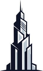 Stylized vector illustration of a tall, modern skyscraper with geometric shapes and a spire, rendered in black and gray tones against a white background.