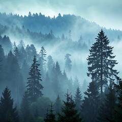Obraz premium Misty evergreen forest with rolling hills in the background