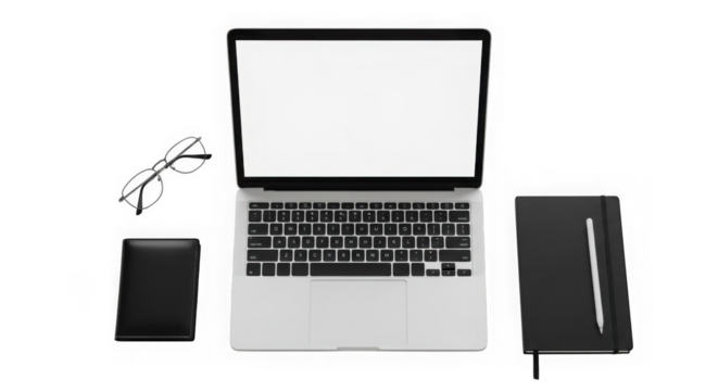 Modern laptop setup with notebook and eyeglasses minimalist design transparent background