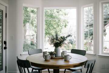 Cozy wooden dining table with four chairs and a floral centerpiece in a bright sunlit room, featuring morning light and peaceful home interior.