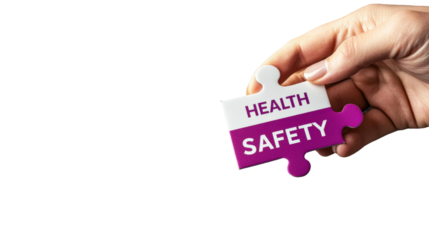 Hand Holding Puzzle Piece with Health and Safety Words Symbolizing Workplace Safety and Wellbeing in a Professional Environment