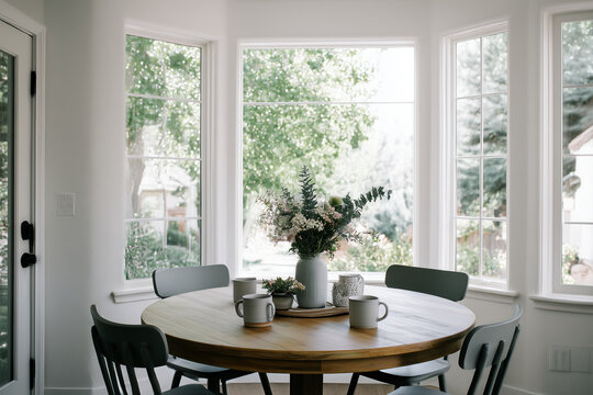 Cozy wooden dining table with four chairs and a floral centerpiece in a bright sunlit room, featuring morning light and peaceful home interior.