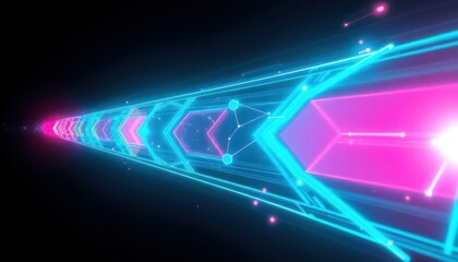 Abstract neon tunnel with glowing pink and blue lines, symbolizing data flow, digital connection, and futuristic technology for innovation.