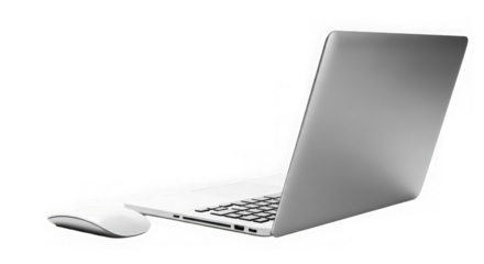 Modern laptop and wireless mouse on a dark surface transparent background