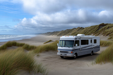 Recreational vehicle driving on sandy beach with grassy dunes under cloudy sky, outdoor travel and adventure concept.
