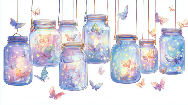 A set of glass jars hanging on strings glowing inside like lanters and butterflies flying in the jars and around 