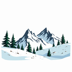 Serene Winter Landscape with Snow-Covered Mountains and Evergreen Trees Under a Clear Sky