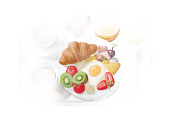Full breakfast on tray with croissant, egg, fruits, drinks, isolated on white transparent background.