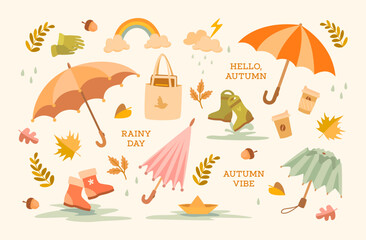 Naklejka premium Cute autumn illustration set with umbrellas, rain boots, coffee cups, leaves, acorns, and cozy seasonal elements. Perfect for seasonal greeting cards, stickers, posters, planners